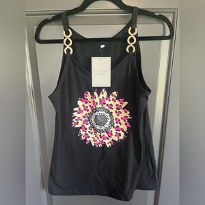 Black Floral Accent Tank with Gold Ring Straps